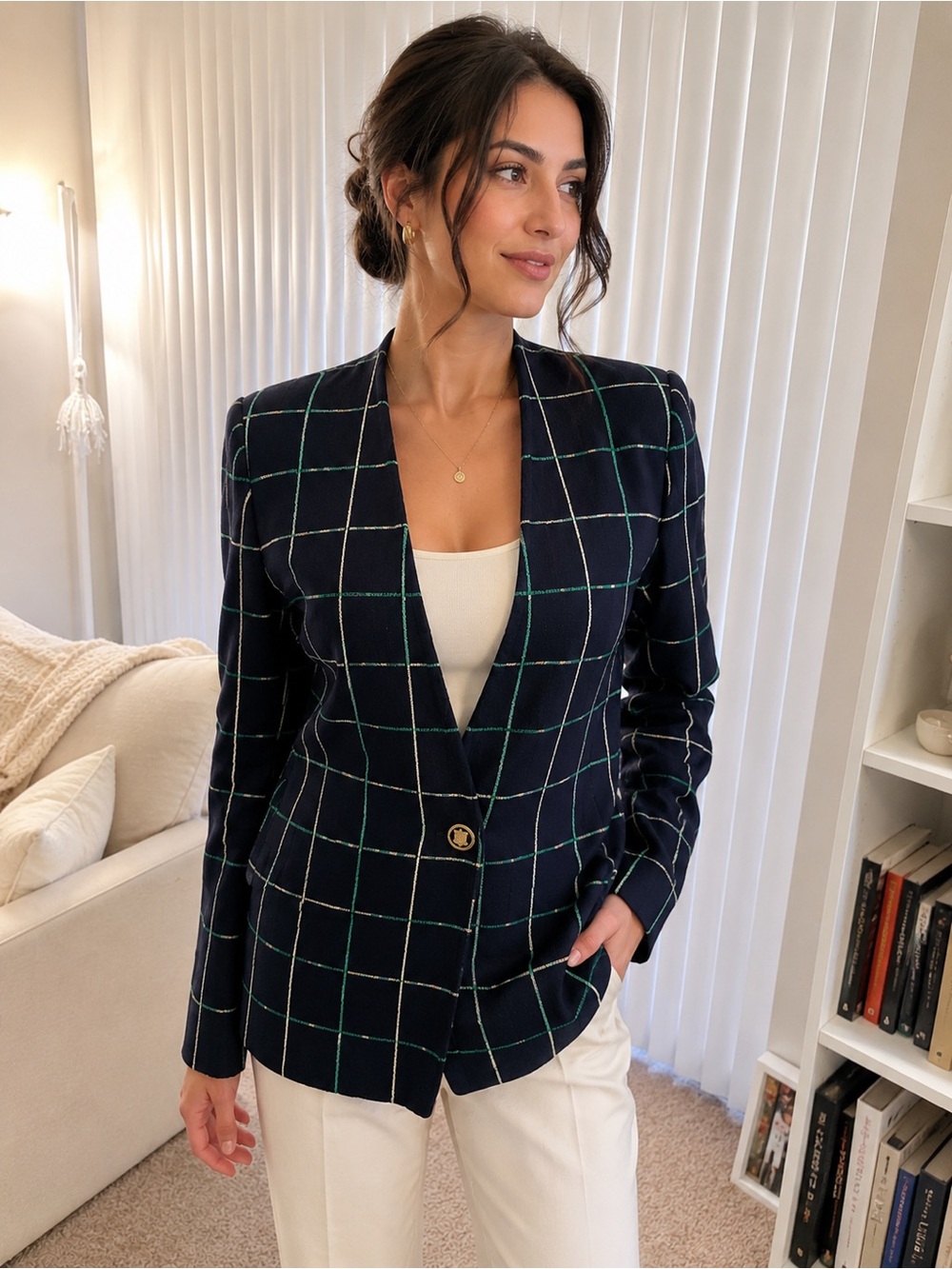 St. John by Marie Gray Size 6 Navy Windowpane Knit Blazer Vintage
